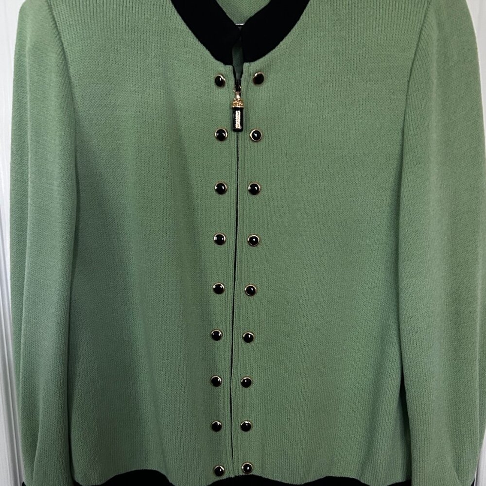St John Collection Santan Knit Lime Green with Black Trim Skirt Suit Size 10